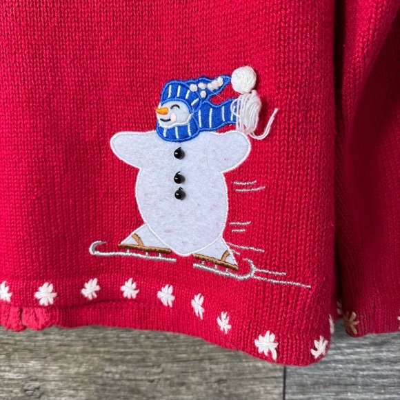 Vintage 90s Heirloom Christmas Snowman Cardigan Skiing Sleigh Riding Fun Size XL - Picture 9 of 11